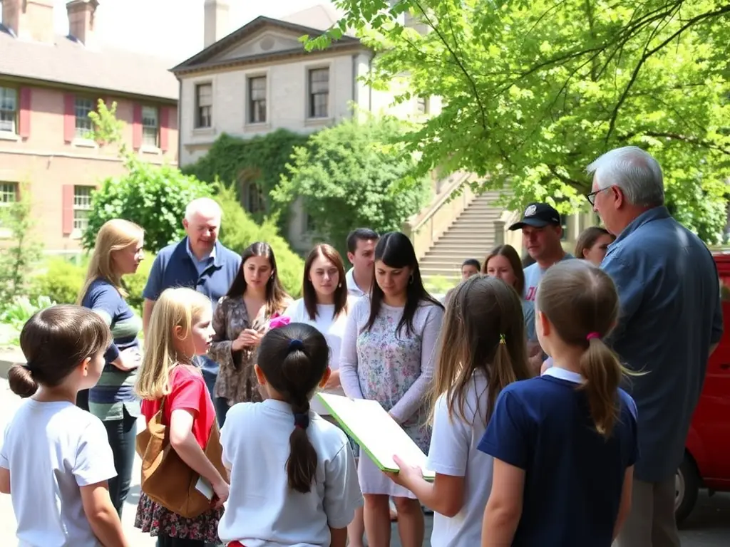 A vibrant photo of children and adults participating in a heritage education workshop, with a guide leading a tour through the hospital grounds, everyone engaged and learning about the site’s history.