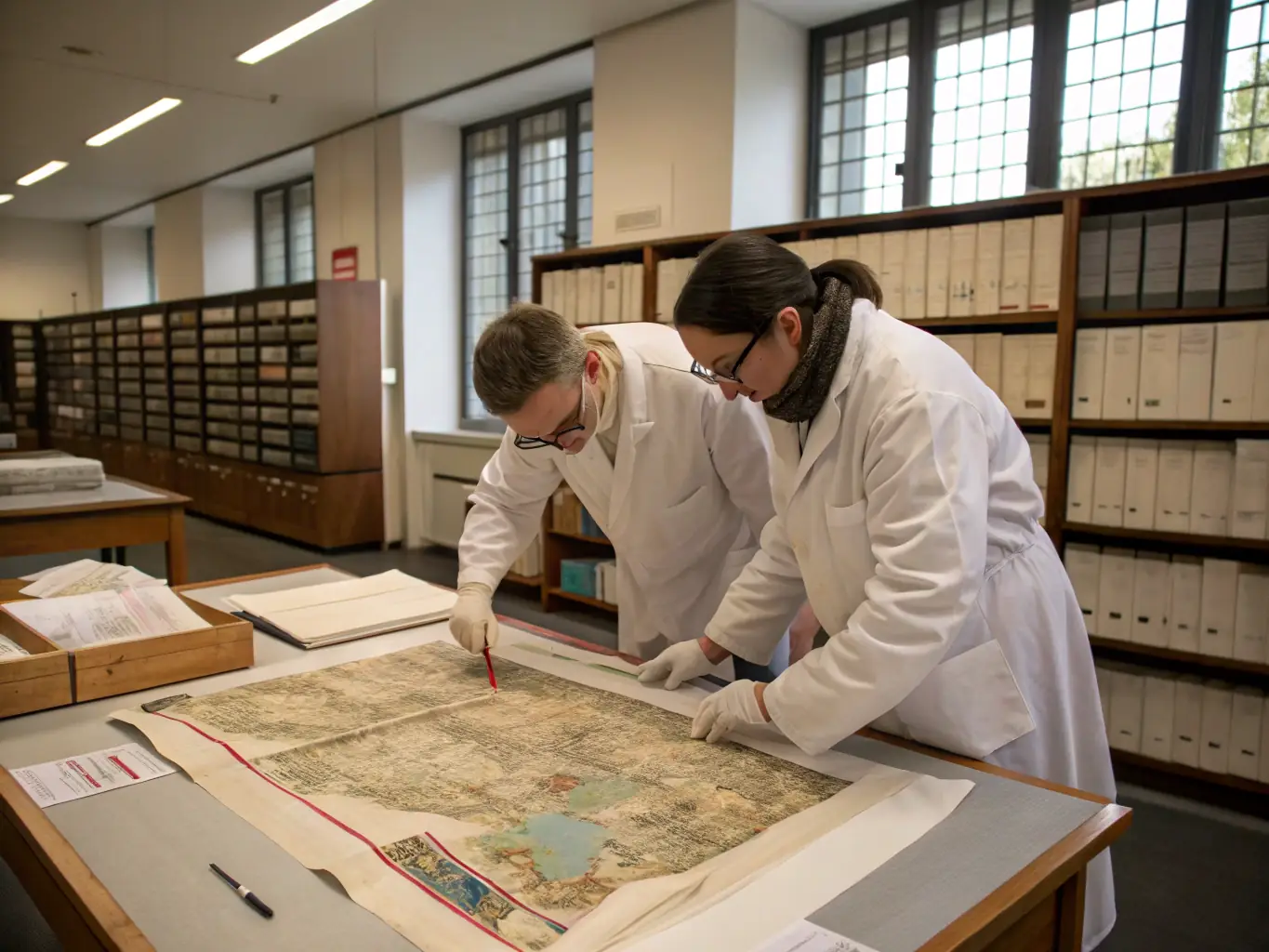 A candid image of researchers examining old hospital records and photographs in a well-lit archive room, surrounded by stacks of documents and historical artifacts, illustrating the process of historical research and documentation.