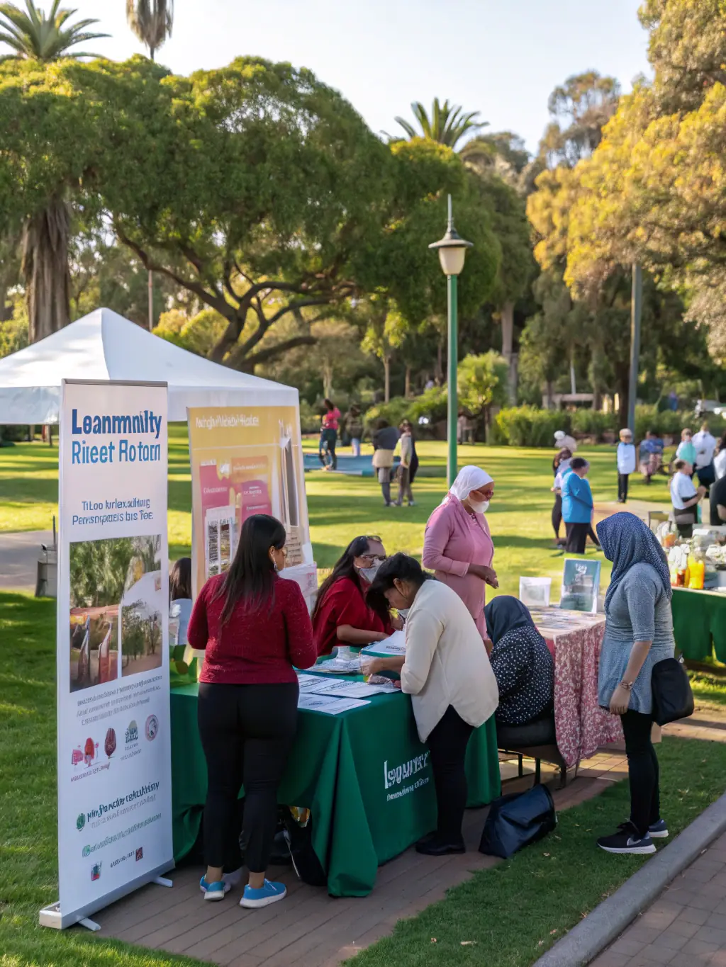 A vibrant photo of a community event in the hospital courtyard, with residents, association members, and informational booths, celebrating Heritage Day with banners and festive decorations.