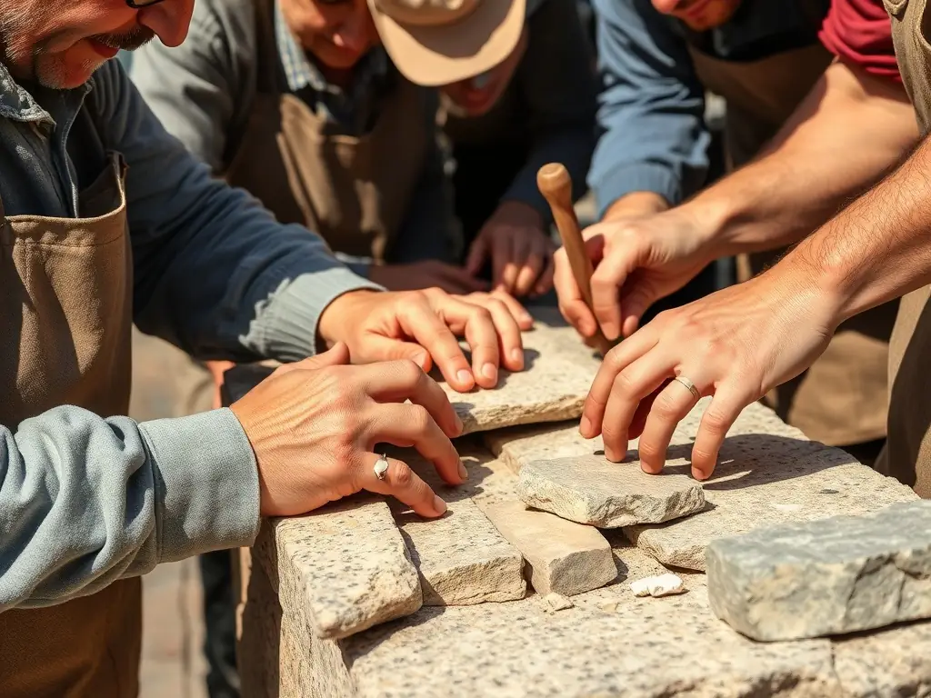 A high-resolution photograph of skilled volunteers carefully restoring the ornate stonework on the historic facade of Sainte Reyne Hospital, with scaffolding and conservation tools visible, capturing the dedication to heritage preservation.